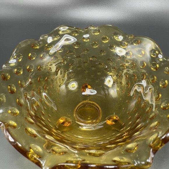 Vintage 3 Toed Hobnail Amber Footed Dish Bowl Container Wavy Edges Decor VTG - Picture 7 of 12